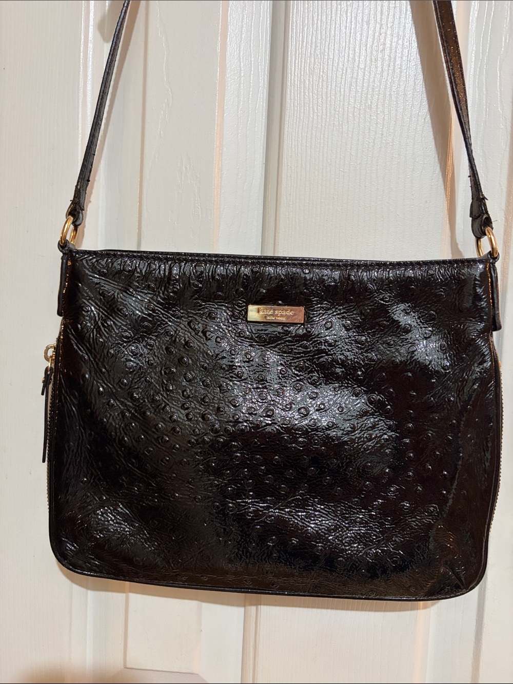 Kate Spade Black Patent Leather Ostrich-Embossed Crossbody Bag-Unique